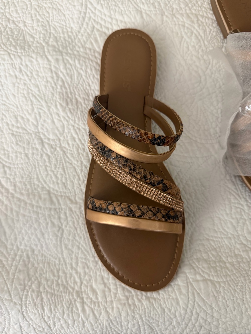 Women's Tan Snake-Print Strappy Slide Sandals - Brand: Venus